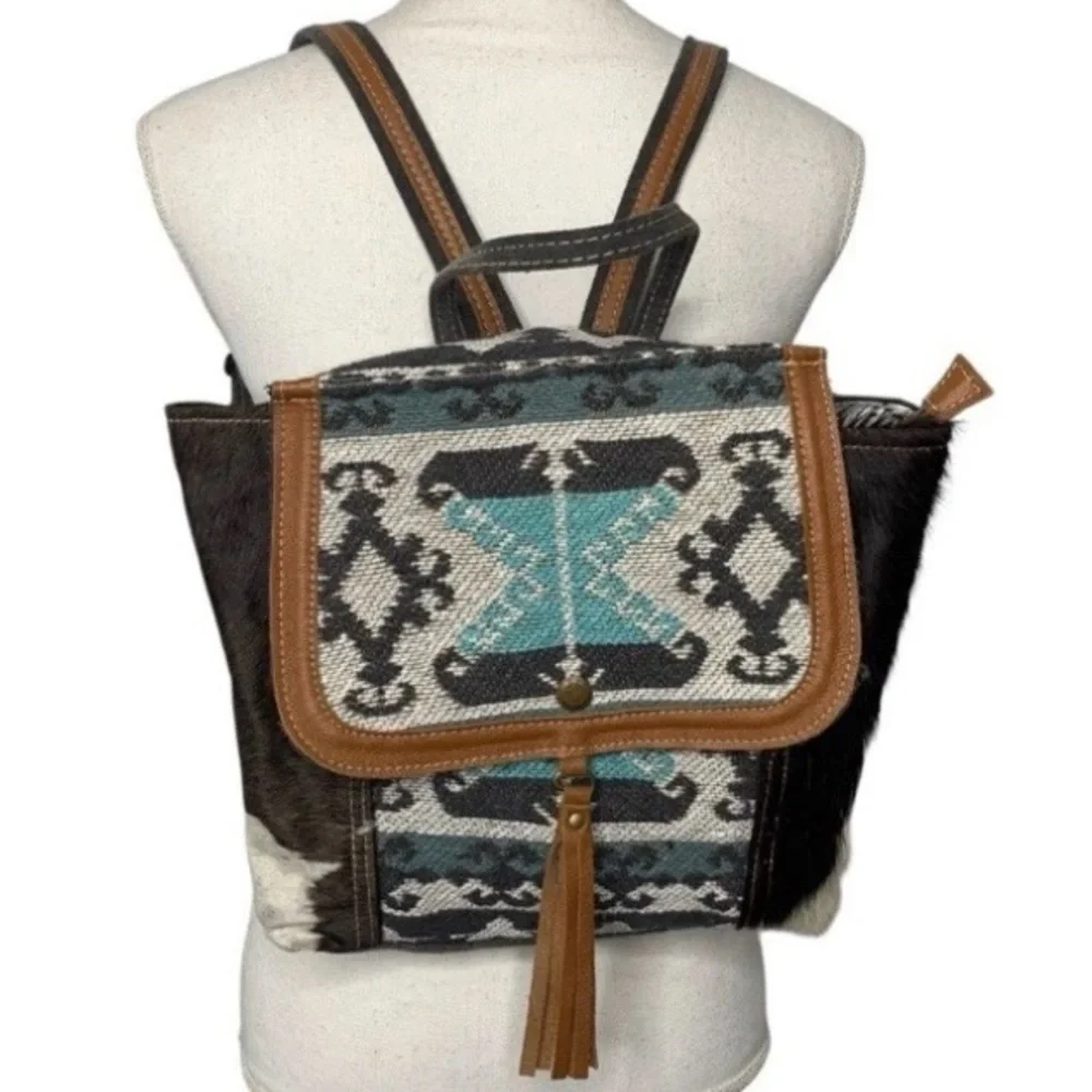 Myra Tapestry & Leather Cowhide Hair BACKPACK HANDBAG‎ 12x13